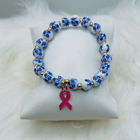 Chinese-Style Ceramic Floral Beaded Stretch Bracelet w/ Pink Breast Cancer Charm - Picture 4 of 5